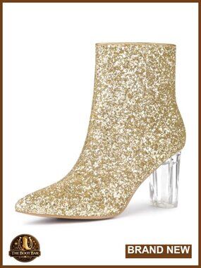 Glitter Ankle Boots Chunky High Heel Pointed Toe